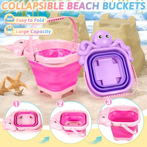 CatchCute Unicorn Collapsible Beach Toys,14 PCS Sand Toys Set with Animal Foldable Buckets,Shovels,Sifter,Sand Molds,Castl...
