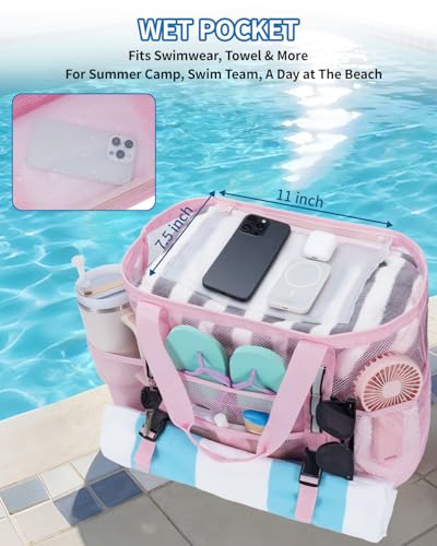 WANDF Mesh Beach Bag for Women, Large Beach Tote Bags with 40oz Tumbler Side Pockets, Family Pool Bag for Swim Toys Towels...