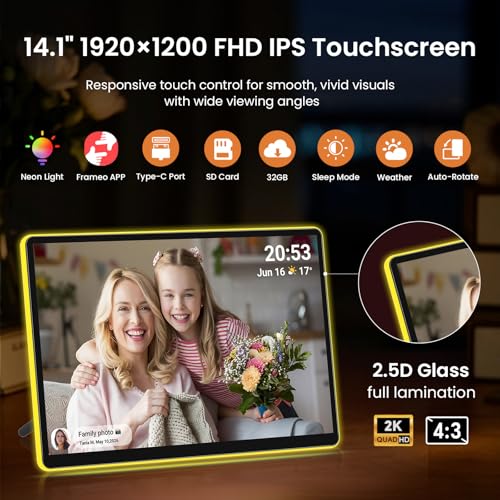 ApoloSign 14" Neon Light Digital Picture Frame, Desk Digital Calendar, Auto-synced Schedule via Frameo App - 2K FHD Touchs...