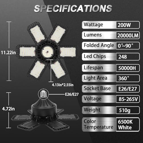 AUDLES 2 Pack Garage Lights, 200W 20000LM 6500K LED Shop Lights, Garage Light Ceiling Led with 6+1 Deformable Panels, Scre...
