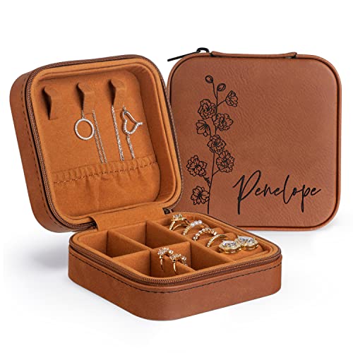 Custom Leather Jewelry Box w/Name & Birth Flower Month - Birthday Gifts for Women, Personalized Jewelry Travel Case - Cust...