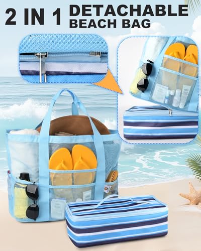 CaCTOUR Beach Bag with Cooler Compartment,Mesh Beach Bag Dry Wet Detachable with Zipper Pockets,Waterproof Sandproof Pool Bag