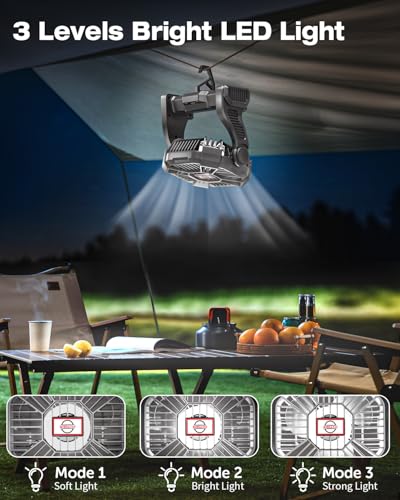 AEscod Portable Camping Fan, Rechargeable Battery Operated with LED Lights, Hanging Hook, 270°Rotation, 20000mAh Battery P...