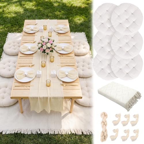 Beeveer 91 x 71'' Extra Large Outdoor Picnic Blanket with Beige Table Runner 6 Napkins and 6 Beige Floor Pillows Cushions ...