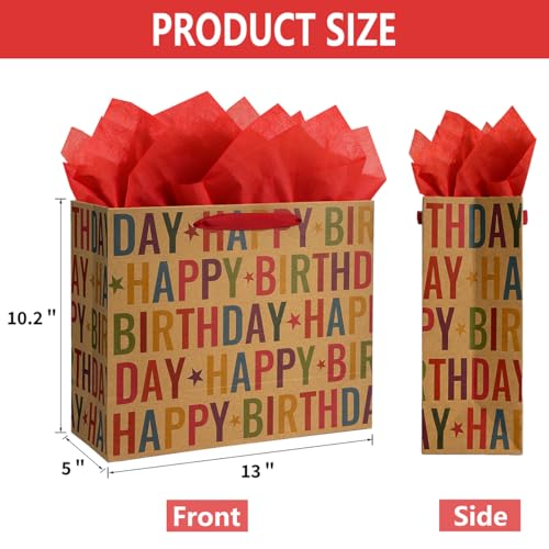 Yusenguan 13" Kraft Happy Birthday Gift Bag, Colorful Lettering & Star Design with Tissue Paper and Greeting Card, Sturdy ...