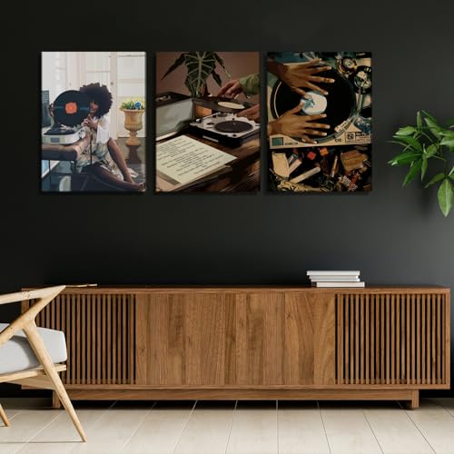 YFvrPt Black Girl Wall Art Decor Modern Black Woman Painting Prints, Set of 3 African American Music Record Player Poster ...