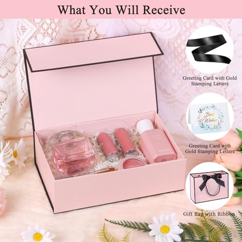 Magnetic Gift Box with Lids Ribbons and Gift Bag for Presents, 9.5x6x3" Pink Gift Box with Bag Set for Women Girl Her, Cut...