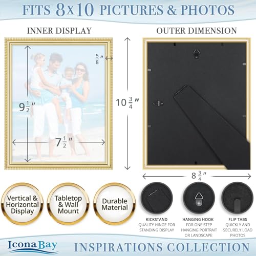 Icona Bay 8x10 Gold Picture Frame Beautifully Detailed Molding, Contemporary Picture Frame Set, Wall Mount or Table Top, I...