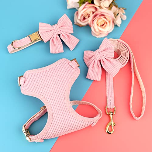 Didog Cute Small Dog Harness Collar and Leash Set with Bowtie, Breathable Soft Mesh Padded Puppy Harness, Pink Dog Harness...