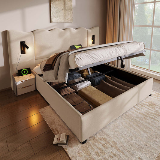 Upholstered Bed Double Bed 160x200 With Reading Lamp And USB Type-C Charging Function, Storage Bed Frame With Slatted Base Made Of Solid Wood And Metal, Beige, Linen  Without Mattress