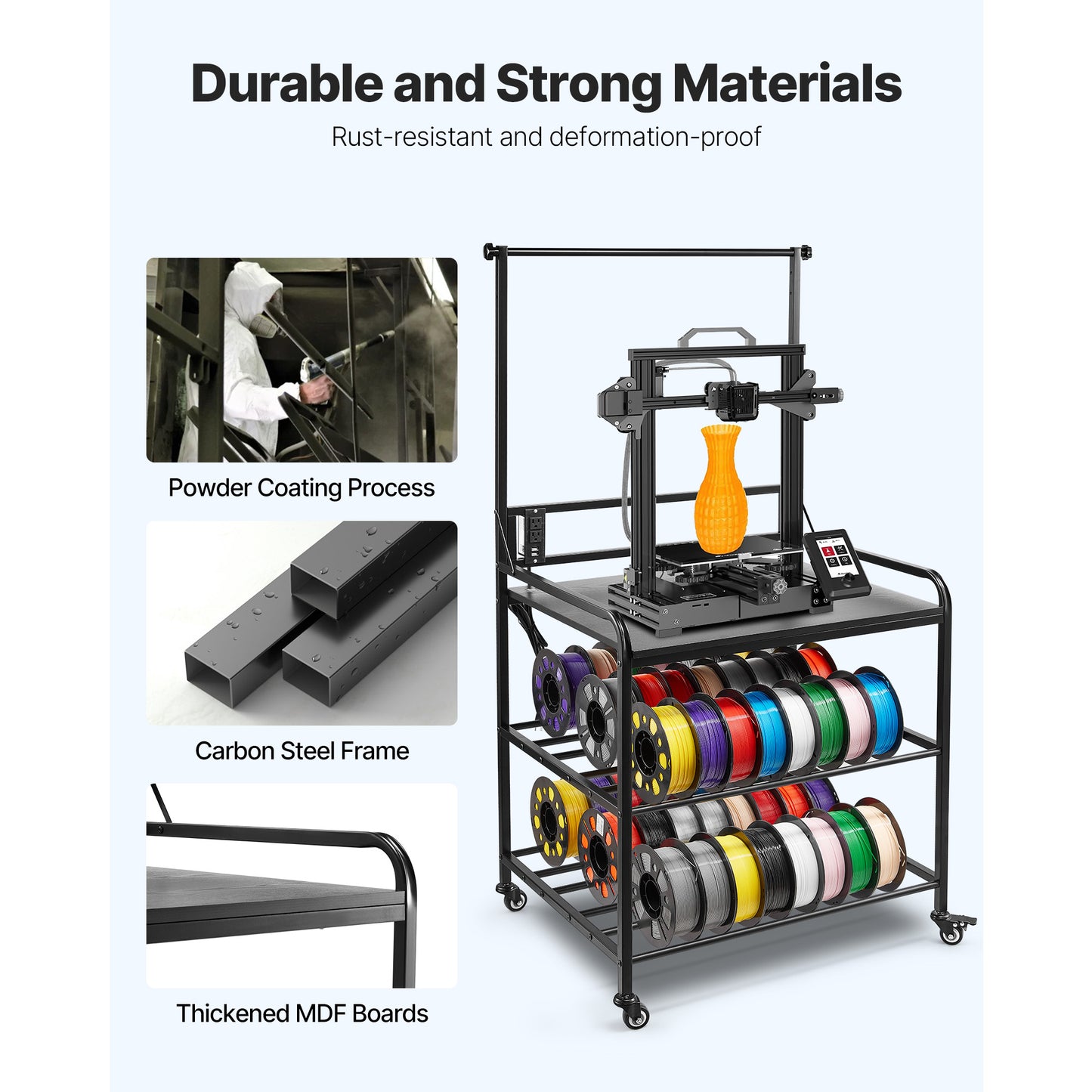 3D Printer Filament Storage Rack, 3-Tier 3D Printer Stand With Filament Storage, Spools Holder Racks Cart With Wheels, Filaments Organzied For 3D Printing Station, Office, Workshop Shelf Only