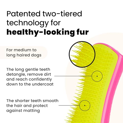 Pet Teezer Detangling Dog Grooming Brush, Dog Bath Brush for Long Haired Breeds and Wet or Dry Fur, Large, Pink & Yellow