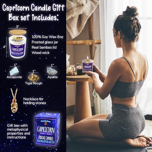 DANCING BEAR Capricorn Zodiac Candle Gift Box Set with 3 Healing Crystals & Stone Holder Necklace, 100% Soy Scented Wax, C...