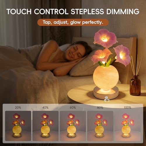 SXDLED Pink Morning Glory Lamp – Rechargeable Wireless Touch-Control Dimmable Faux Flower Desk Light, LED Glass Planet Vas...