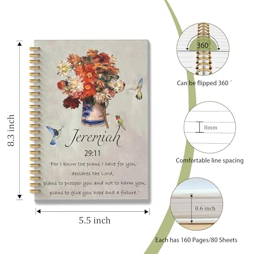 ROXMART Christian Floral Hummingbird Glitter Spiral Notebook, Jeremiah 29:11 Bible Verse Journal, Religious Scripture Hard...