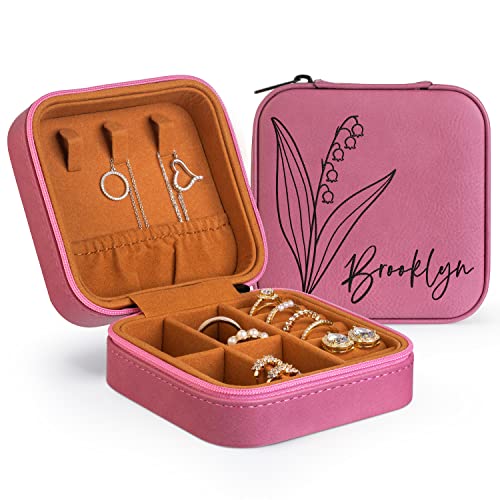 Custom Leather Jewelry Box w/Name & Birth Flower Month - Birthday Gifts for Women, Personalized Jewelry Travel Case - Cust...