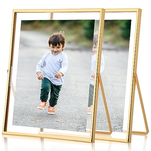 Fixwal Gold Floating Picture Frame Set of 2, 8 x 10 Tempered Glass, Tabletop Display, Multi Size Including 6 x 8, 5 x 7