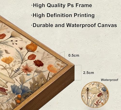Framed Vintage Dragonfly Canvas Wall Art Whimsical Botanical Floral Picture Elegant Mid Century Natural Poster Prints Ecle...