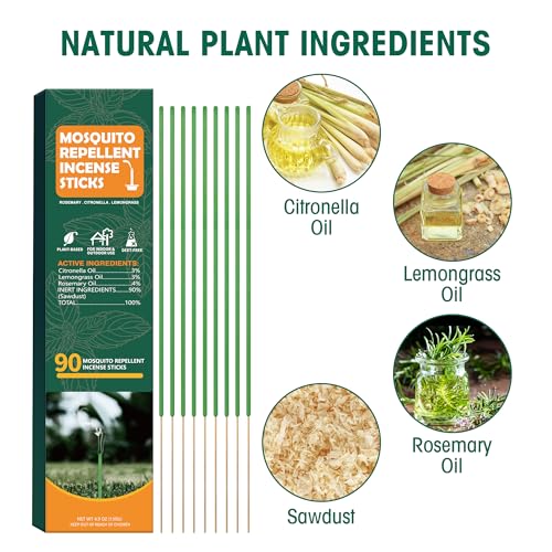 90 pcs Citronella Mosquito Repellent Incense Sticks, Deet Free Mosquito Repellent Outdoor Patio, Natural Essential Oil Mos...