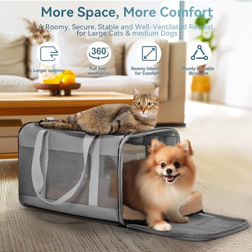 Petsfit Travel Pet Carrier for Large Cats (up to 20 lbs), Soft-Sided Dog Car Travel Carrier with Patented Buckle and Soft ...