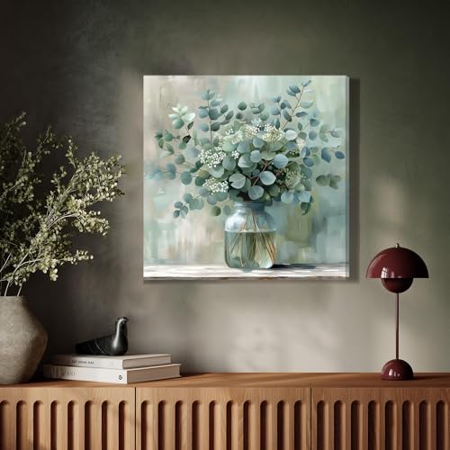 FWAHREN Botanical Eucalyptus Canvas Wall Art, Framed Sage Green Plant Prints Artwork, Farmhouse Wild Flower Pictures, Larg...