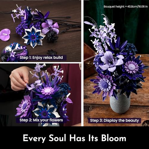 SOOLIO Mothers Day Dahlia Flower Bouquet Building Set for Adults,Gift for Mom Women Girlfriend Wife Gothic Botanical Colle...