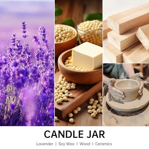 HUICAIMAO Lavender Scented Candle with Wood Stand& Ceramic Jar - 60H Natural Soy Wax, Highly Scented Aromatherapy Candle f...