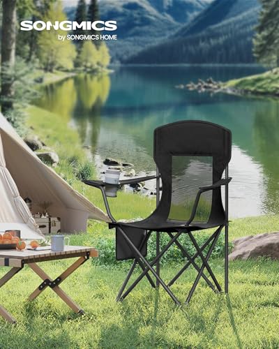 SONGMICS Breathable Camping Chairs, Foldable Outdoor Chairs Set of 2, High Back, Adjustable Armrests, Drink Holder, Weight...