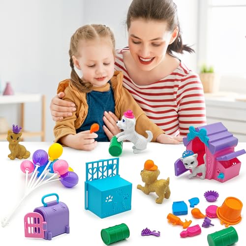Dolls Accessories Playsets Dog Cat Figures with House Cage Pet Pretend Play Toys for Doll Toddlers 3-5 age 5-7 Girls Kids ...