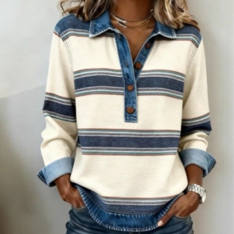 Korean-Style Striped Cable-Knit Preppy-Style Badge Lapel Knit Sweater For Women