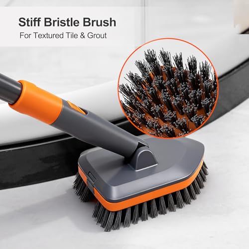 CLEANHOME Tile Tub Scrubber Brush with 3 Different Function Cleaning Heads and 56" Extendable Long Handle-No Scratch Showe...