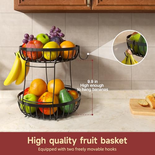 Sevenblue 2 Tier Large Fruit Basket for Kitchen Counter with 2 Banana Hangers, Metal Stackable Fruit Bowl for Kitchen Coun...