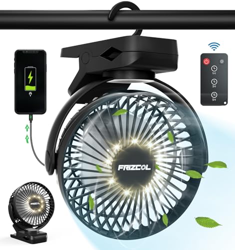 Portable Clip on Fan 65 Working Hours, Camping Fans with LED Lights & Hook, 12000 Capacity Battery Operated Fan with Clam...