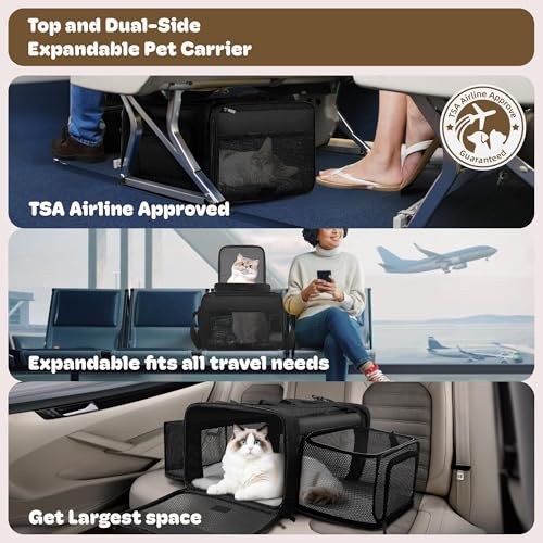 Top and 2 Sides Expandable Cat Carrier 18x13.5x9.5, TSA Airline Approved Dog Carriers for Small Dogs, Soft-Sided Pet Carri...