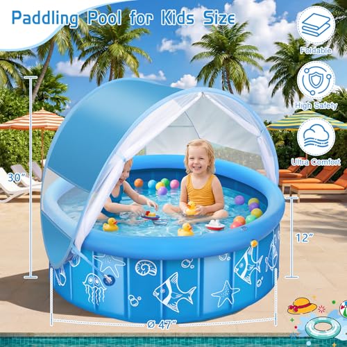 Upgraded Baby Pool with Canopy Sprinkler, 47in Foldable Kiddie Pool with Pop Up Mosquito Net, Baby Beach Tent with Sun Sha...