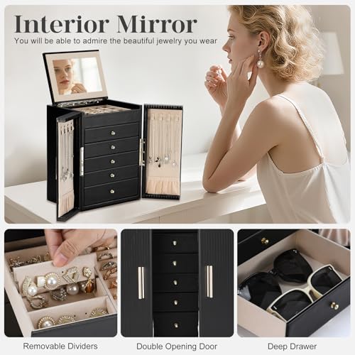 Dajasan Large Jewelry Organizer Box with 5 Drawers, Jewelry Box for Women, 6-Tier Jewelry Storage Organizer with Mirror fo...