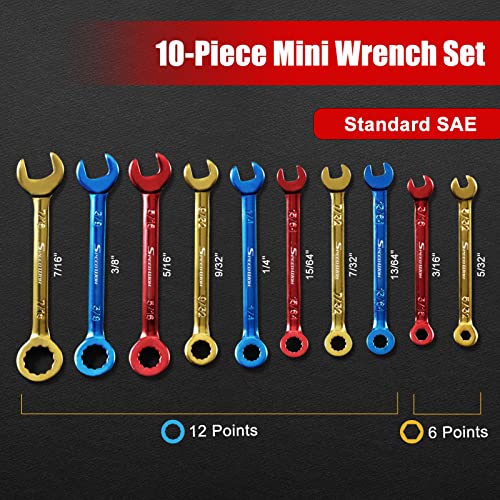 SPEEDWOX 10 Pcs Color Plated Open and Box End Mini Wrenches Color Coated Midget Wrench Set Mini Combination Wrench Set SAE...