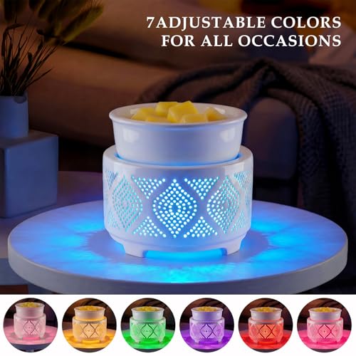 Wax Melt Burner Ceramic Electric 4-in-1 Candle Warmer Lamp with 7-Color LED Light Fragrance Oil Burner for Scented Wax Can...