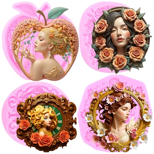 Mujiang Cameo with Picture Frame Silicone Mold Lady Avatar Fondant Molds Goddess Avatar Photo Frame Molds For Cake Decorat...