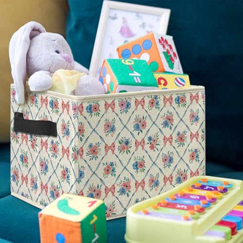 ROXMART Pink and Blue Bow Floral Storage Bin Box, Coquette Preppy Ribbon Bow Flower Collapsible Storage Basket Organizer f...