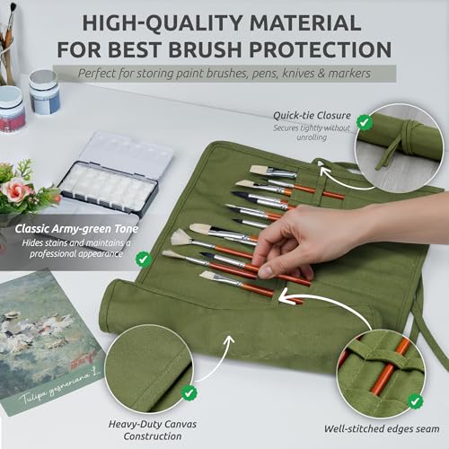 DUGATO 30-Slot Roll-Up Paint Brush Holder, Premium Canvas Brush Organizer for Artists, Washable Travel Brush Case for Wate...