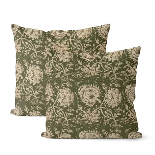 Green Pillow Covers 20x20 Inch Set of 2 Vintage Olive Green Floral Throw Pillows Neutral Modern Boho Block Print Floral Pi...