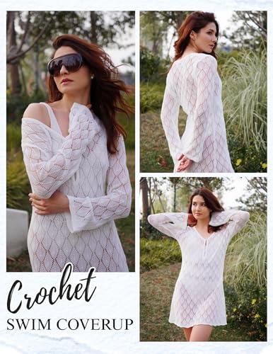 Ekouaer Swimsuit Coverup for Women Crochet Beach Cover Up Hollow Out Long Sleeve Cover Ups 2026 Summer Vacation Outfits