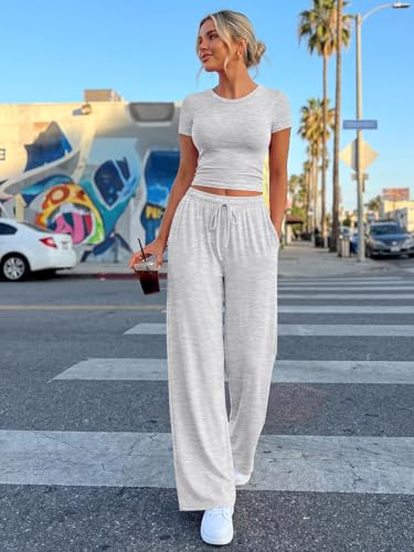Trendy Queen 2 Piece Matching Summer Lounge Set Womens Side Ruching Top Wide Leg Pants Sets with Pockets