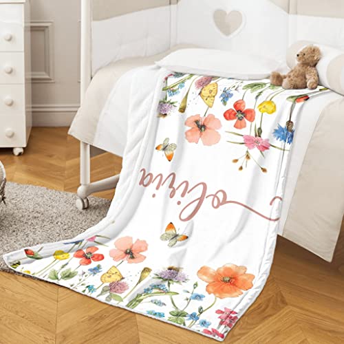 Lcyawer Personalized Swaddle Baby Blankets with Name Plants Flowers, Customized Floral Nursery Blanket for Girls, Newborn ...