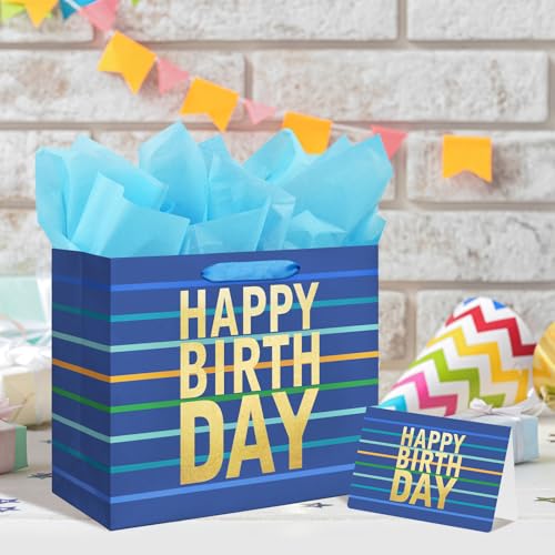 13" Large Blue Gift Bag with Tissue Paper, Card and Handles for Men's Birthday, Kids' or Baby Boy (Stripe) (Large Blue)