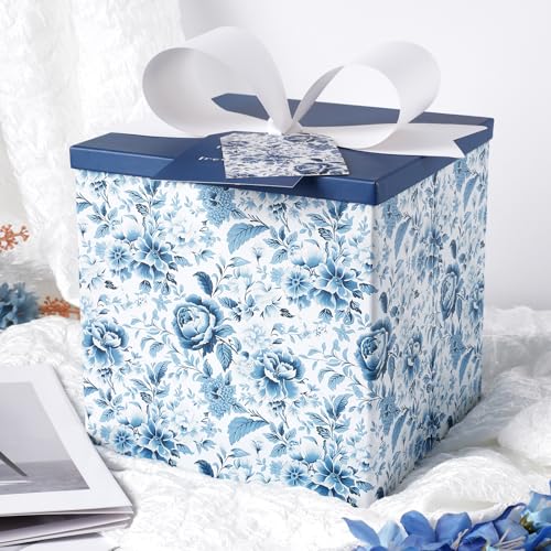 BIOBROWN Medium Gift Boxes with Lids for Presents, 9x9x9 Inches Chinoiserie Blue White Peony Floral Design Collapsible Gif...