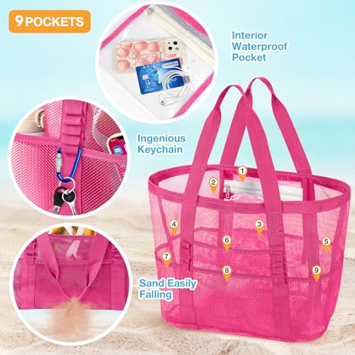 KPX Mesh Beach Bag, Large Beach Tote Bags for Women Foldable Mesh Swimming Pool Bag with Mini Pockets - Sandproof, Waterproof