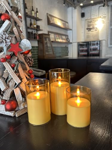 Upinmz Gold Acrylic Flameless Candles with Remote Control and Timers，Battery Operated Candles，LED Pillar Candles with Danc...
