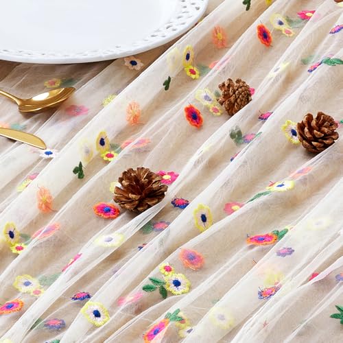 JIALE Champagne Floral Table Runner, Embroidery Daisy Seasonal Table Decorations, 120Inch 10FT 1PC Gold Tulle Fabric for H...